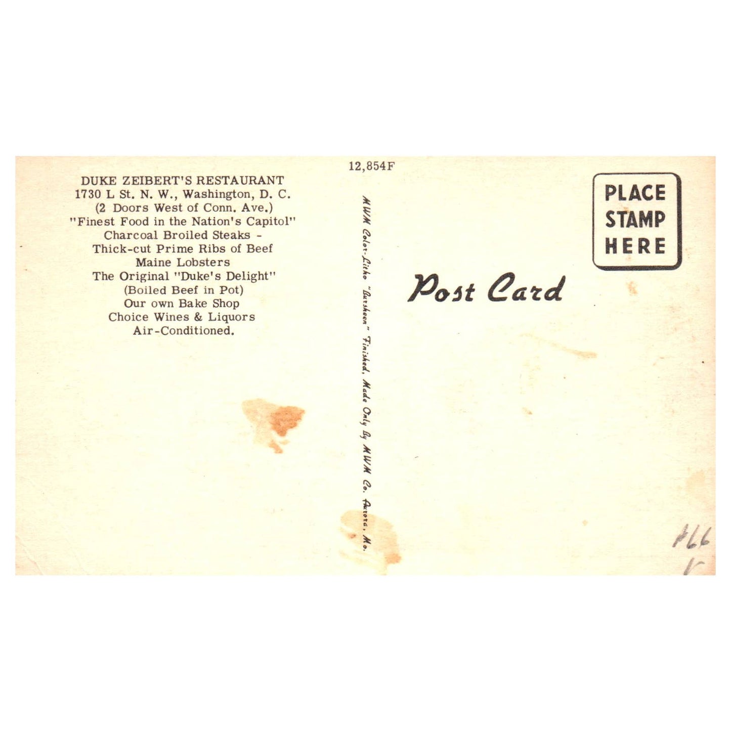 Duke Zeibert's Restaurant 1730 L St. N.W. Washington D.C. - Postcard TJ8-1