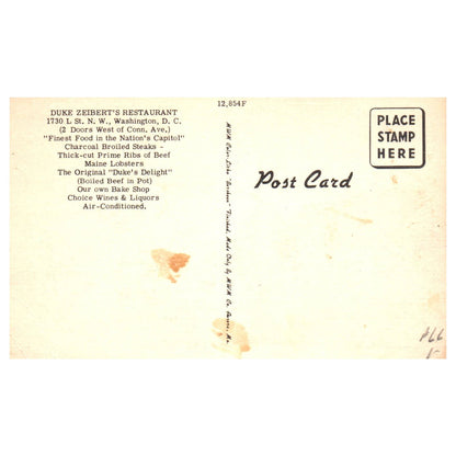 Duke Zeibert's Restaurant 1730 L St. N.W. Washington D.C. - Postcard TJ8-1
