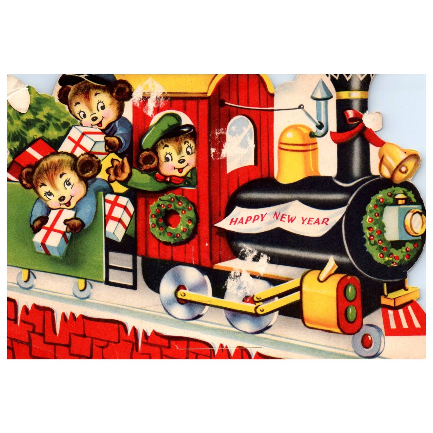 Vintage Christmas Card Die-Cut Stand Up Christmas Train Bears TJ8-7