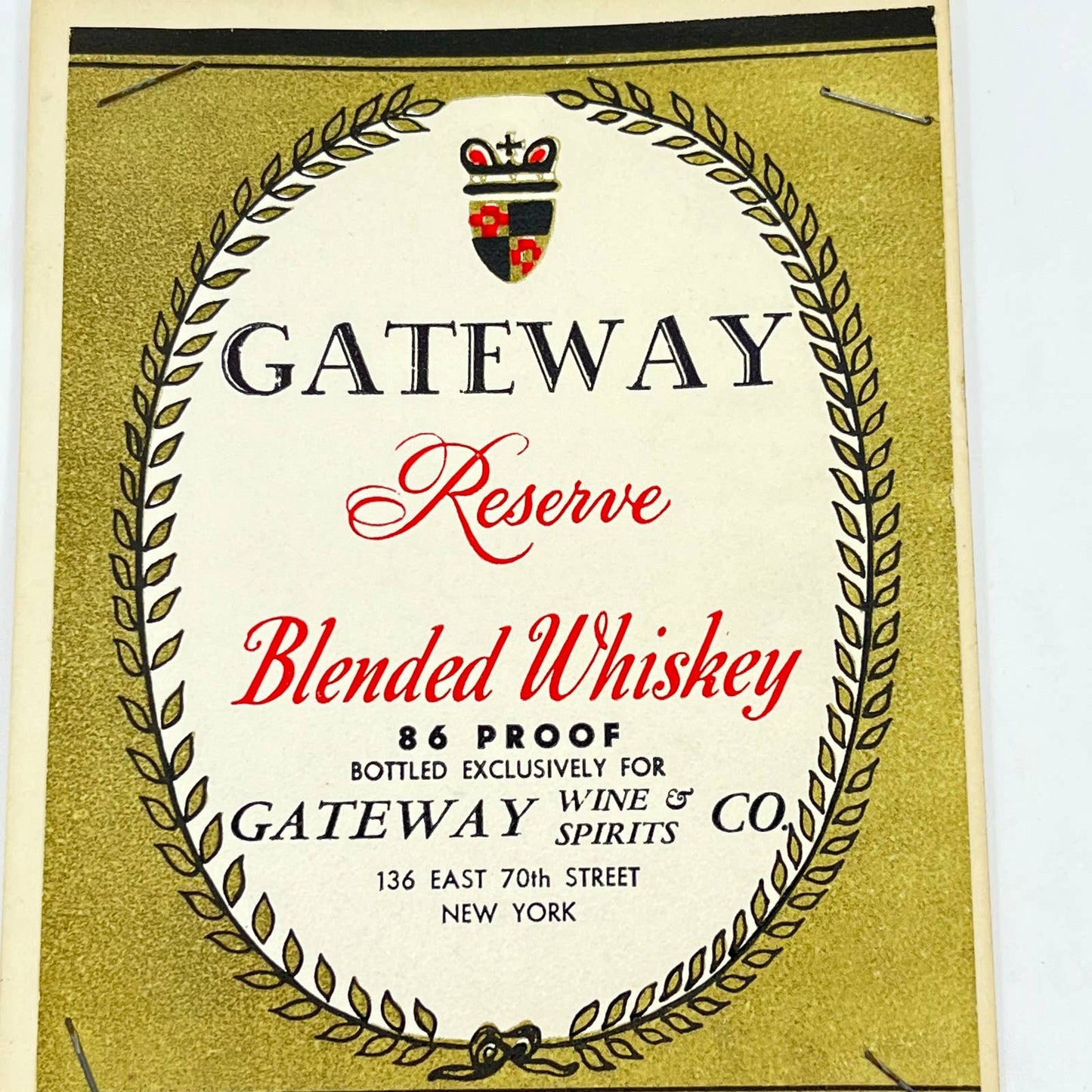 Gateway Reserve Whiskey Label Gateway Wine & Spirits 136 E 70th St. New York NY