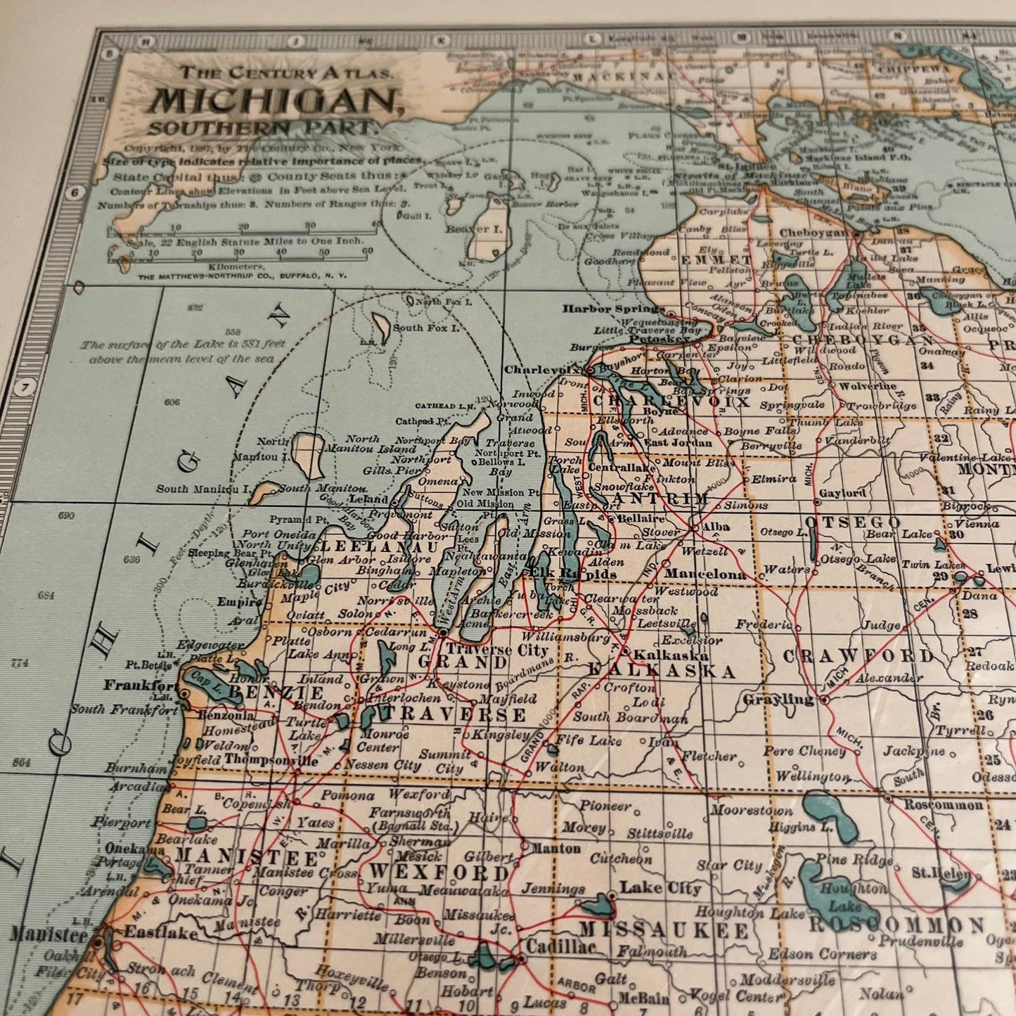 Antique 1897 The Century Atlas Map of MICHIGAN SET OF 2 Engraved 12.5 x 17 FL5