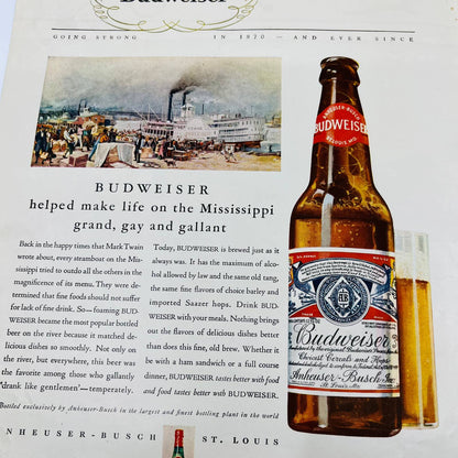 1932 Budweiser Beer Ad Steamboat on Mississippi 9x12” C13