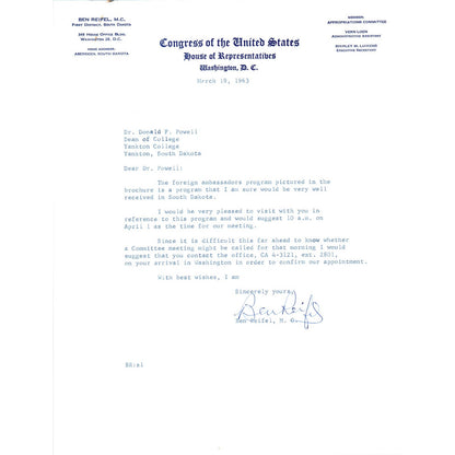 House of Representatives Official Letterhead Signed Ben Reifel M.C. 1963 TK1-P6