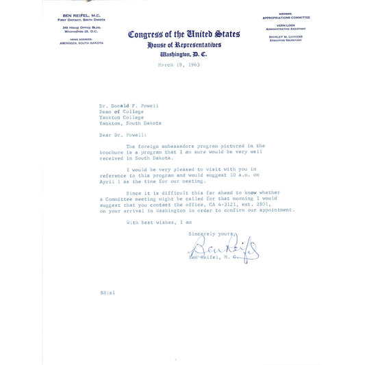 House of Representatives Official Letterhead Signed Ben Reifel M.C. 1963 TK1-P6