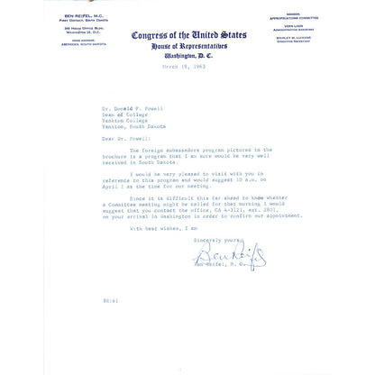 House of Representatives Official Letterhead Signed Ben Reifel M.C. 1963 B11