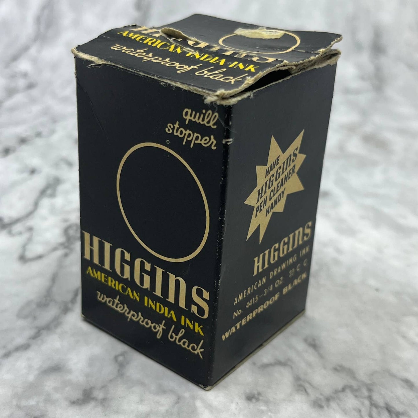 Vintage HIGGINS WATERPROOF INK - 4415 India Black Quill Stopper In Box TC7