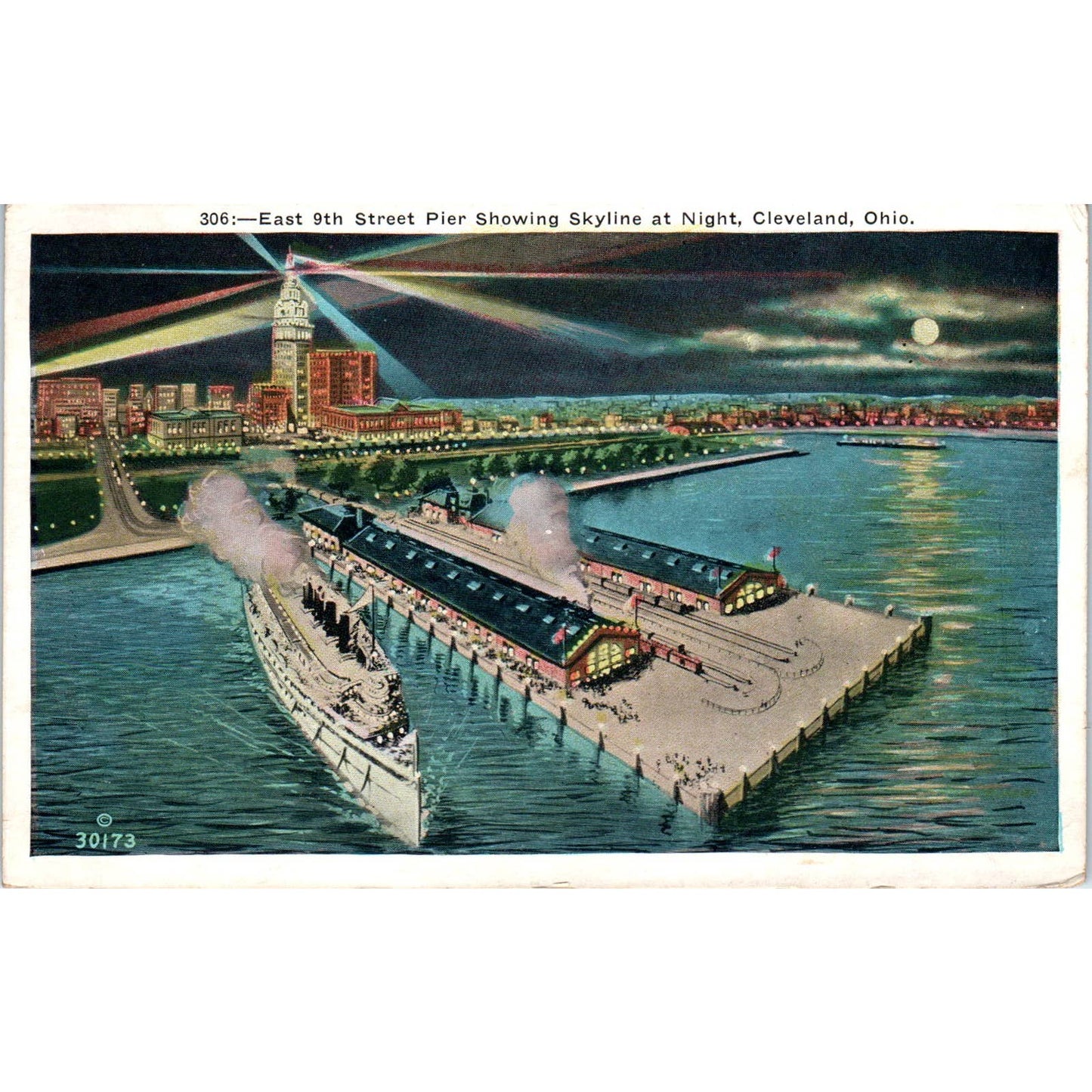 Vintage Postcard East 9th Street Pier Skyline at Night Cleveland OH TD8-O2