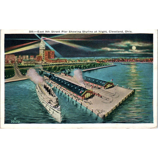 Vintage Postcard East 9th Street Pier Skyline at Night Cleveland OH TD8-O2