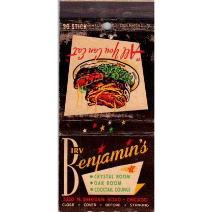 Irv Benjamin's Crystal Room Chicago Advertising Matchbook Cover MM9-6