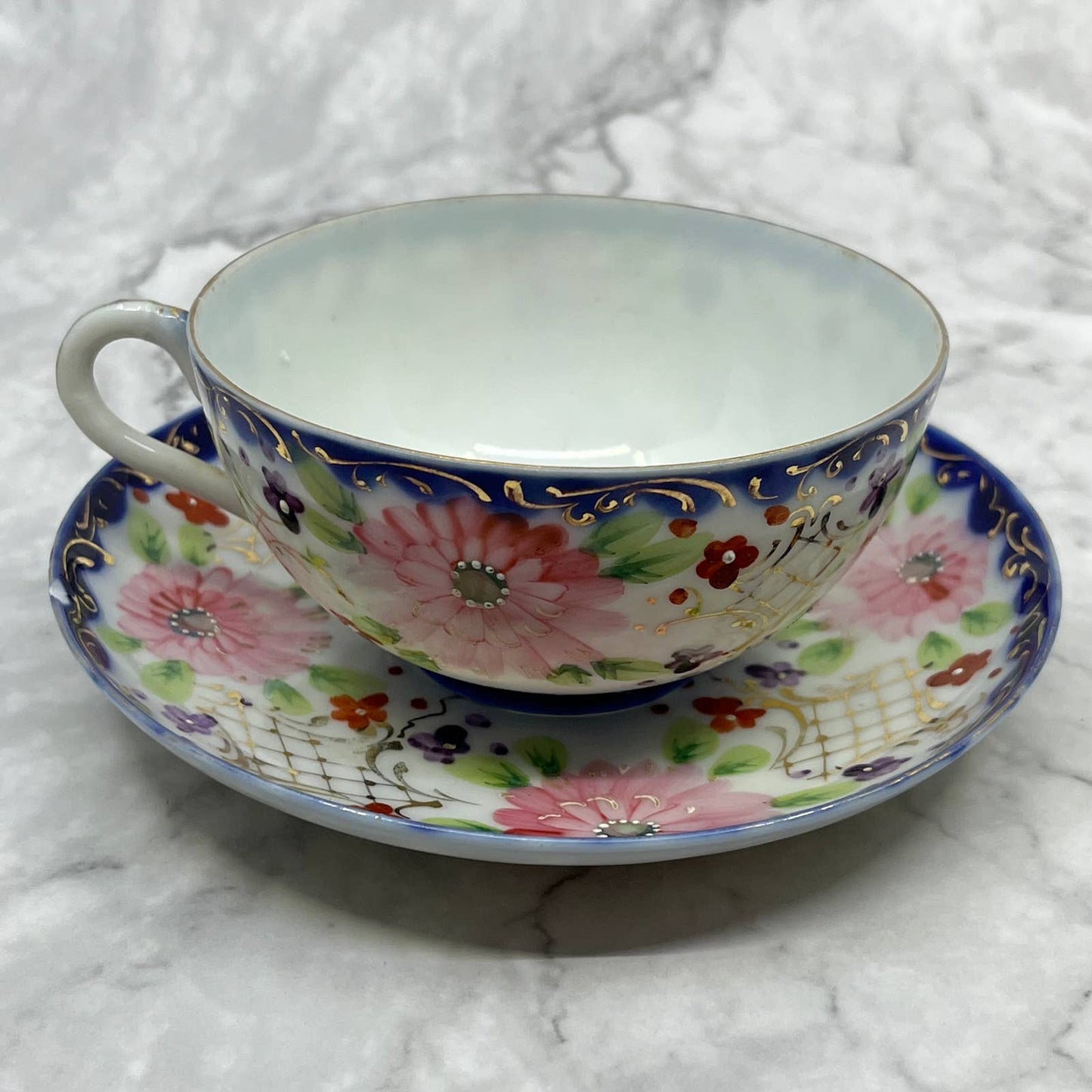 Vintage Hand Painted Bone China Blue & Gold w/ Pink Floral Tea Cup & Saucer TA7