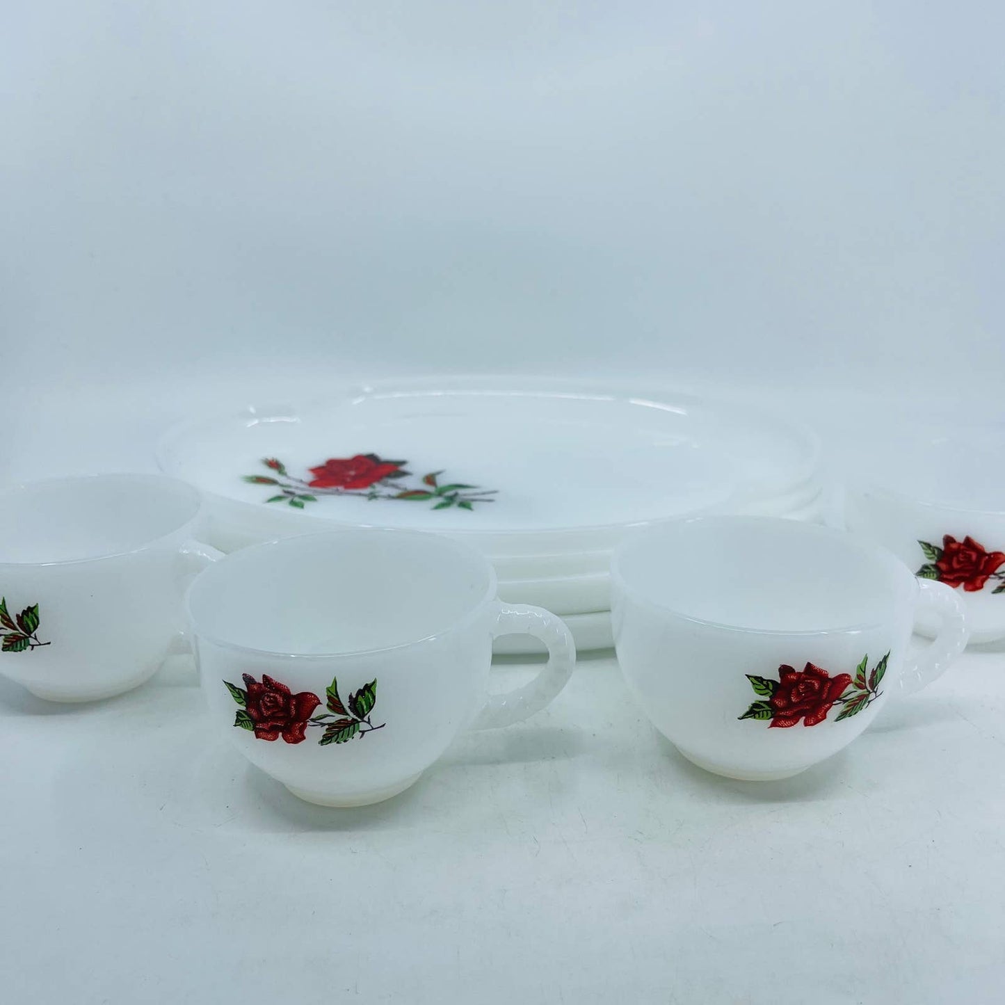 Vintage MCM Atomic 8 Piece Federal Milk Glass Rosecrest Snack Set Roses TC3