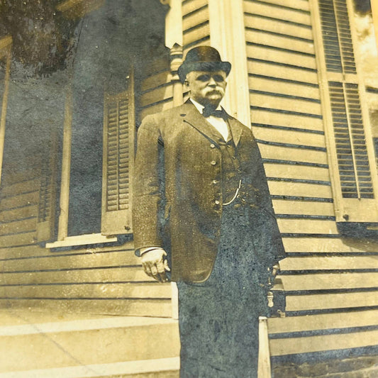 Early 1900s RPPC Portrait Older Man Suit Handlebar Mustache Lunchbox Derby PA9