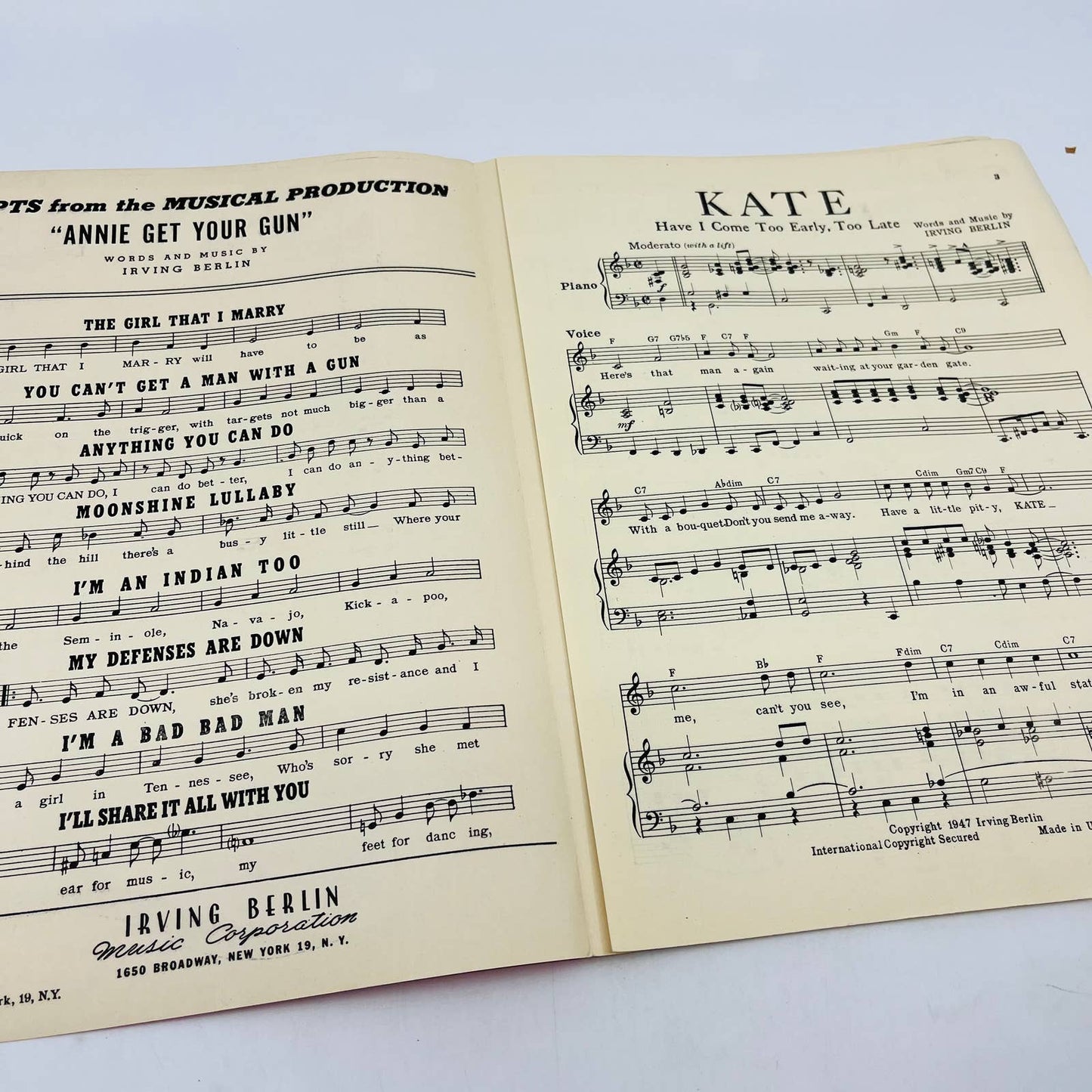 1947 Kate Have I Come Too Early Too Late Irving Berlin Sheet Music