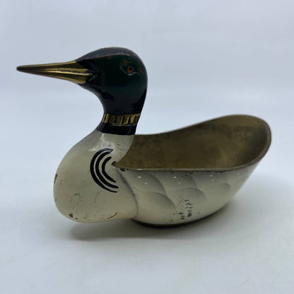 Vtg MCM Hand Painted Solid Brass Mallard Duck Brass Trinket Candy Dish 7" TH8-2