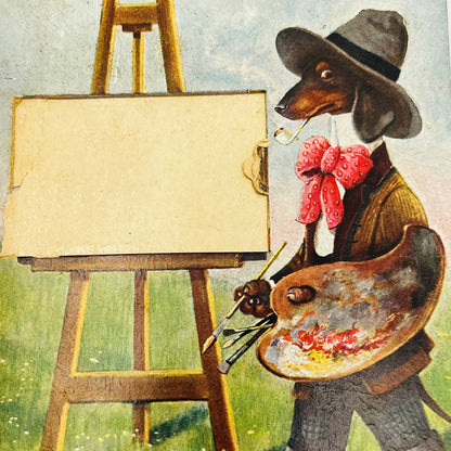 1910s Post Card Anthropomorphic Dachshund Dog Artist Painting Pallet Easel PA7