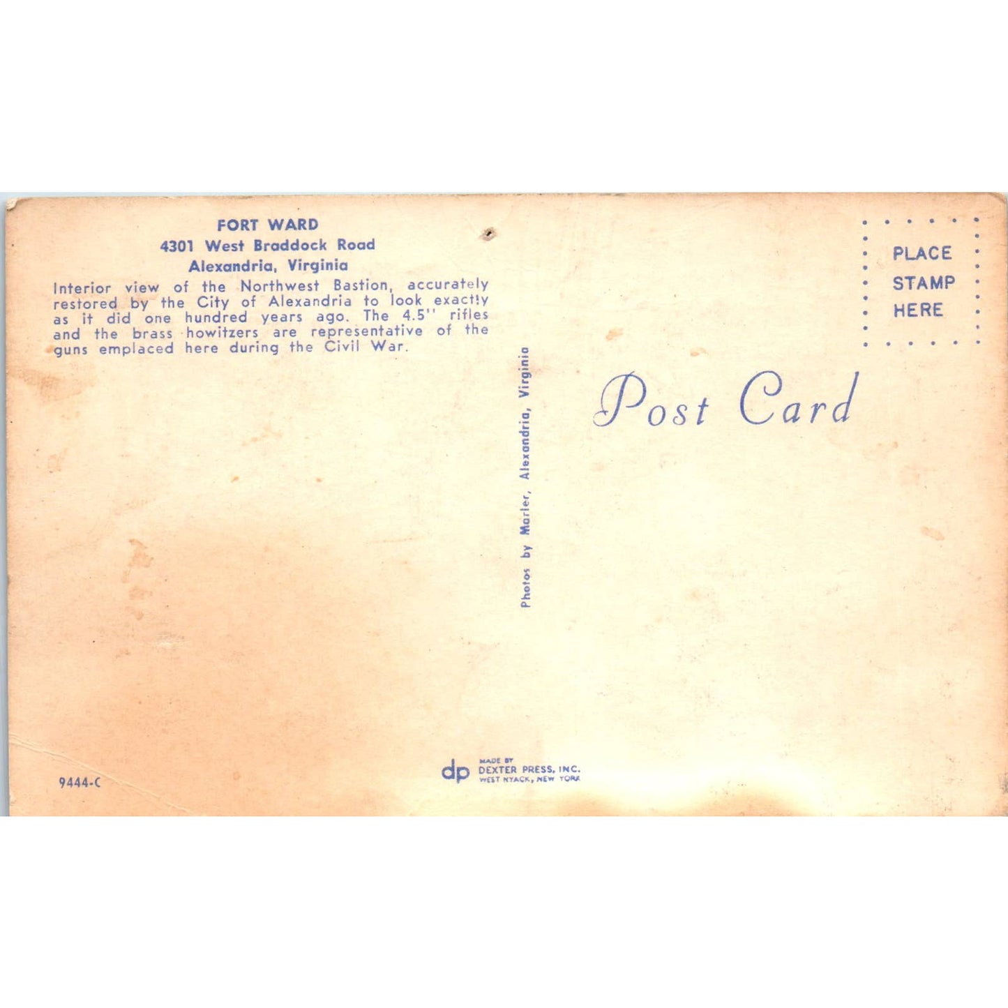 Vintage Postcard Fort Ward Alexandria Virginia EA3