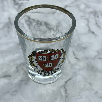 Vintage Shot Glass HARVARD UNIVERSITY Clear Gold Highlights Bar Ware Veritas TI9