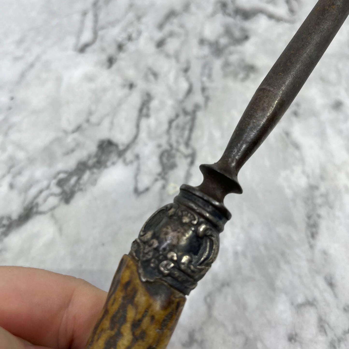 Antique Lee’s 13” Stag Antler Handle Sterling Honing Rod Sharpener TK2