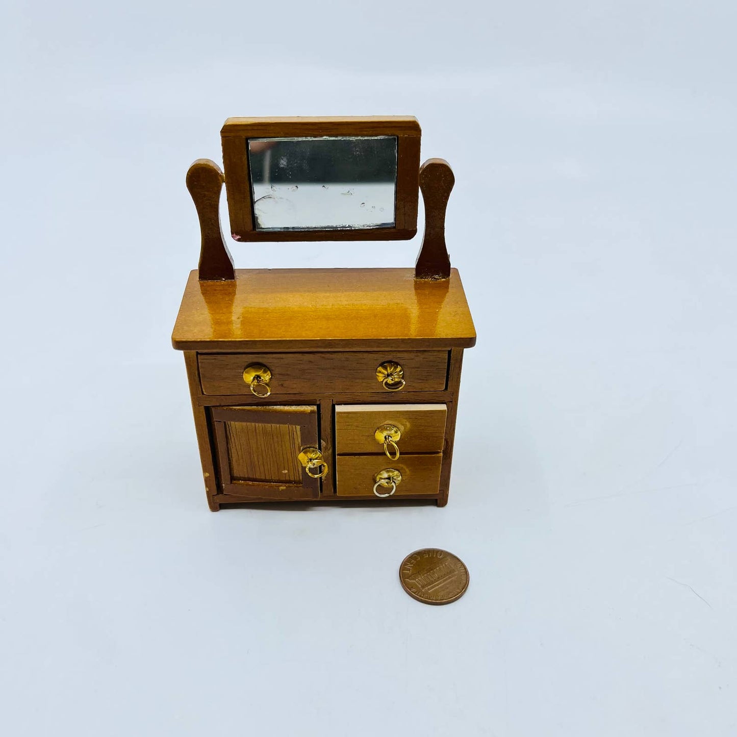 Vintage Dollhouse Furniture Solid Wood Dresser Vanity w/ Mirror 4” TD2