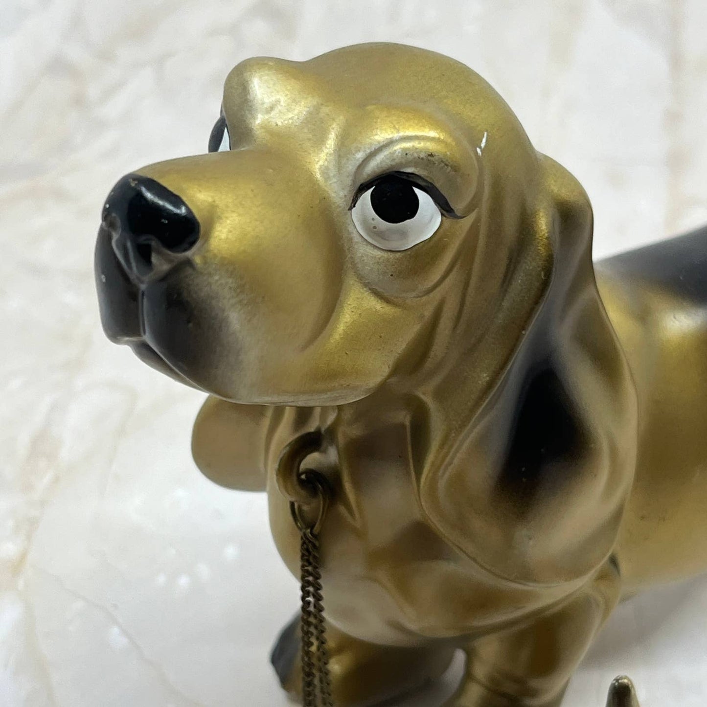 Gold Tone Dachshund Bassett Hound Dog Figurine Puppies Chain Porcelain Japan TK2