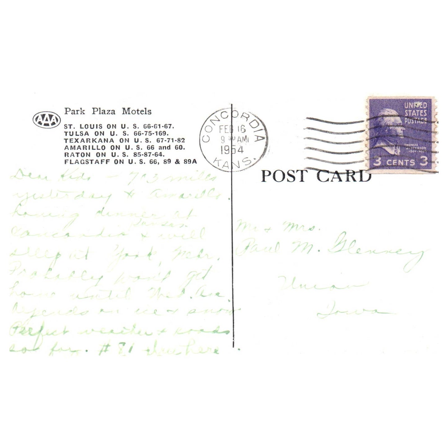 Park Plaza Motels 1954 AAA - Postcard TJ8-1