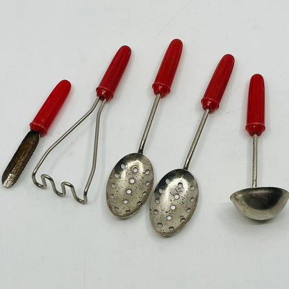 Vintage Toy Kitchen Metal 5 Piece Red Handle Kitchen Utensil Set ~5” TB6