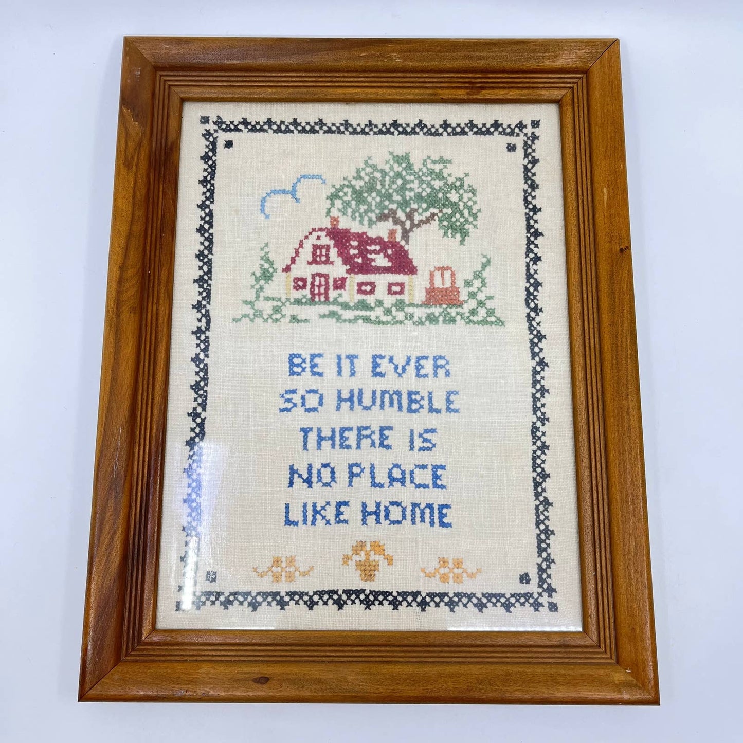 Vintage Original Framed Crewel Cross Stitch Sampler No Place Like Home 11x14 TE6
