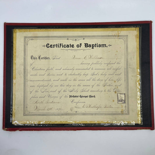 1891 North Indiana Methodist Church Baptism Certificate Verna Willcoxon FL5