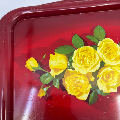 Vintage Toleware Red Metal Tray Yellow Rose Flowers 11x14" Set Of 3 TI4