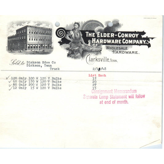 1948 The Elder-Conroy Hardware Co Billhead Clarksville TN AD5-7