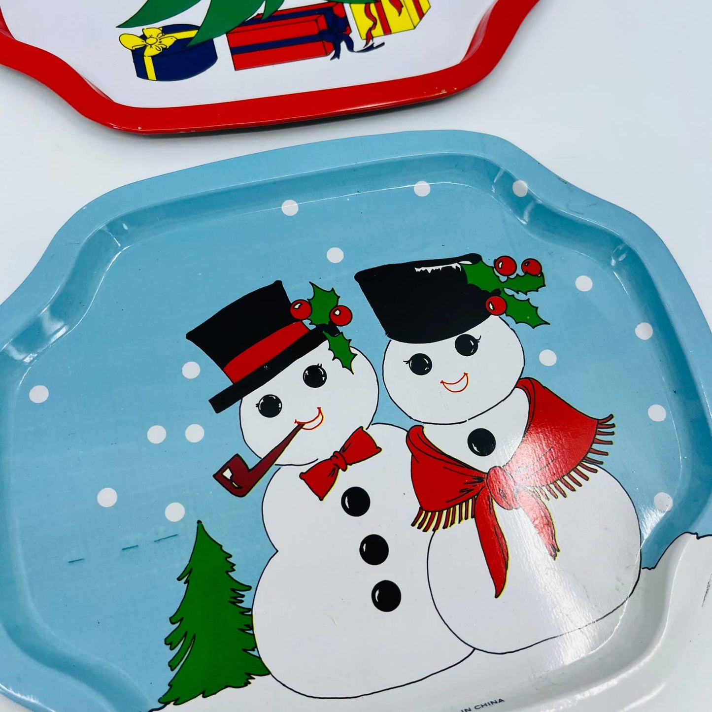 1988 Christmas Hors D’oeuvre Trays Appetizer Trays Santa Snowman 6.5 x 7.5” TD4