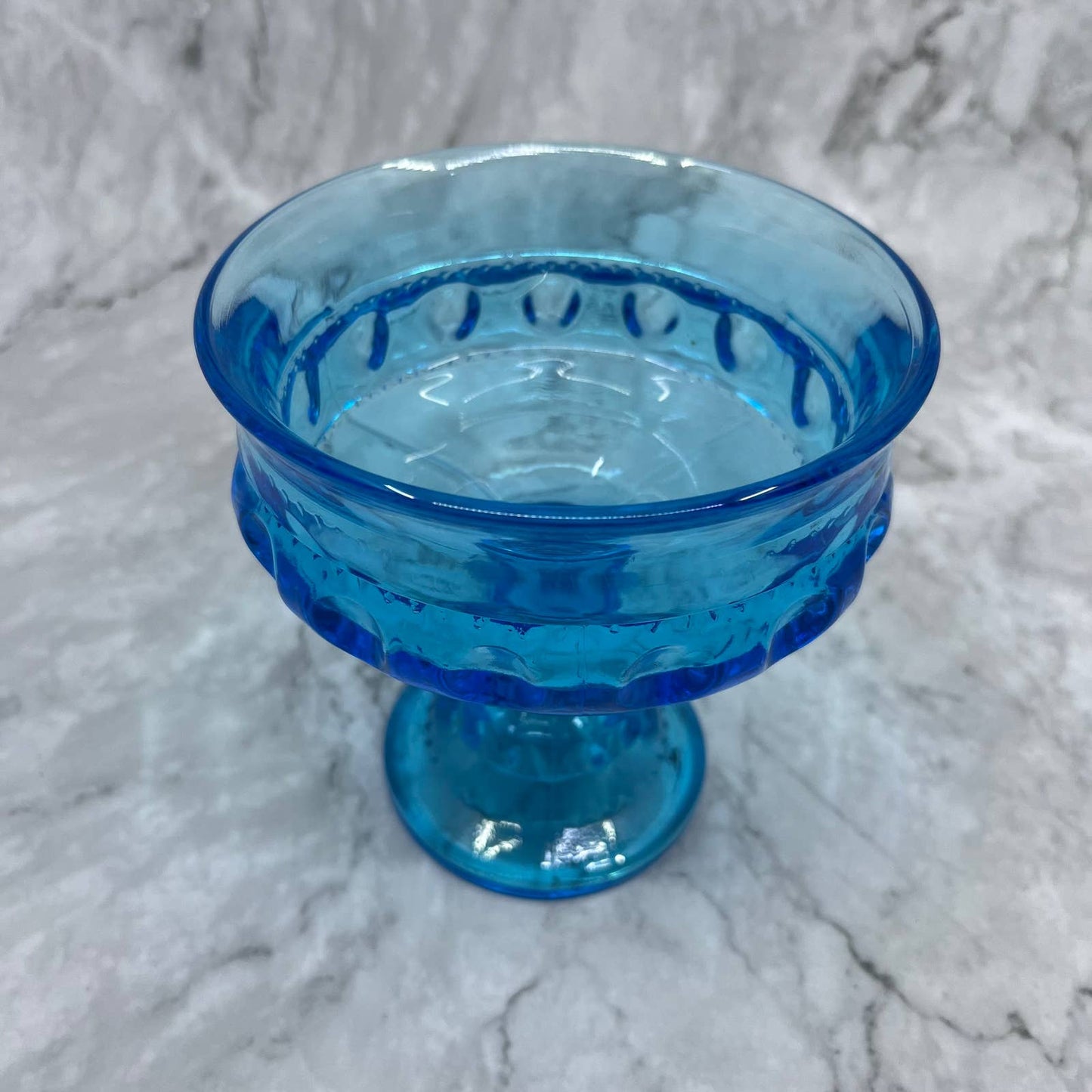 Vtg Indiana Glass King's Crown Imperial Blue Candy Dish Compote Thumbprint TA9