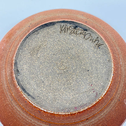 Vintage Handmade Stoneware Crock Dish w/ Lid Brass Handle 7” TE6