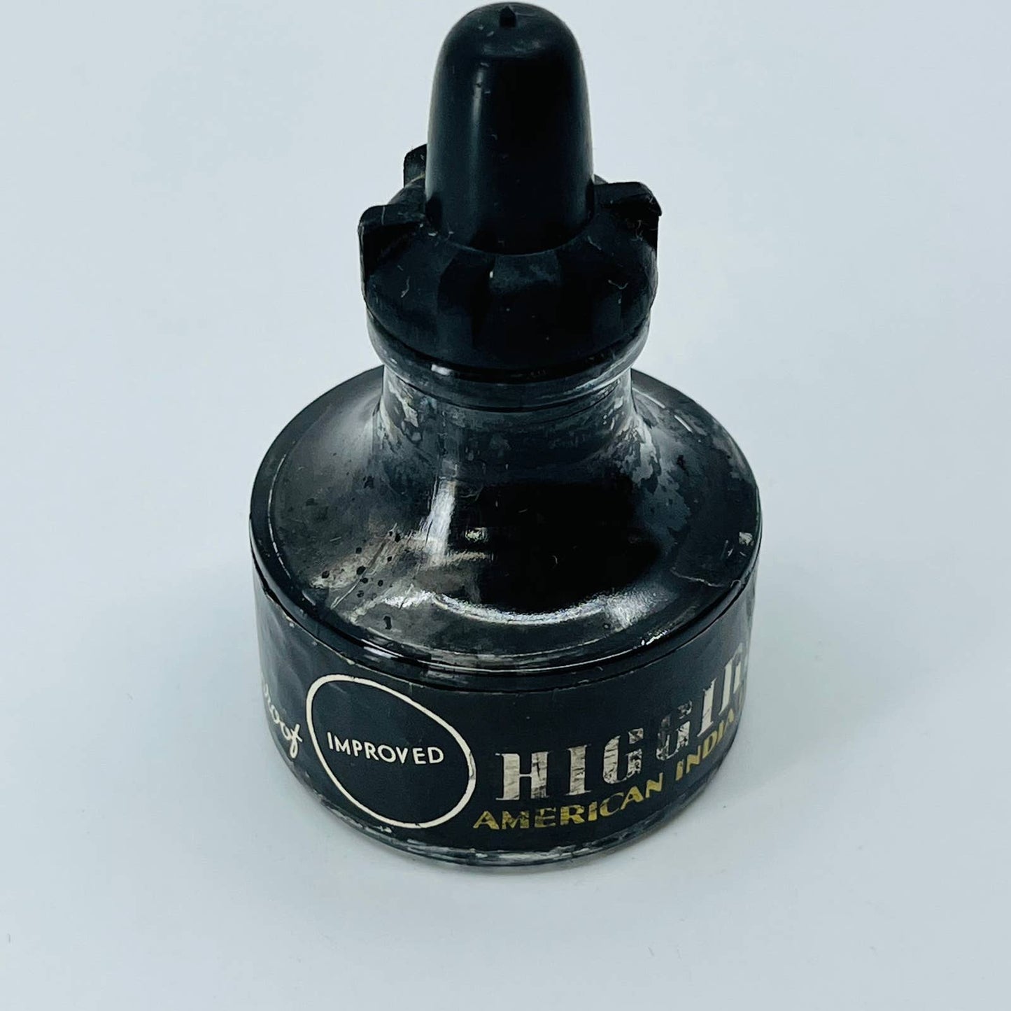 Vintage American India Ink pipette Bottle Black HIGGINS Round Label EMPTY TB6