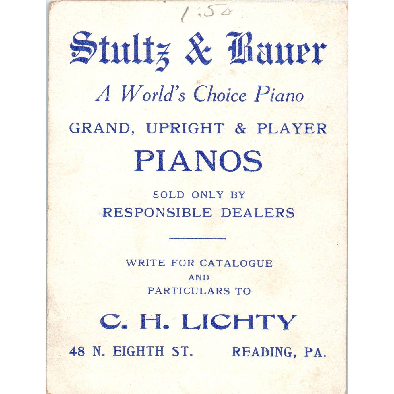 1880s Victorian Trade Card Stultz & Bauer Pianos C.H. Lichty Reading PA SE8