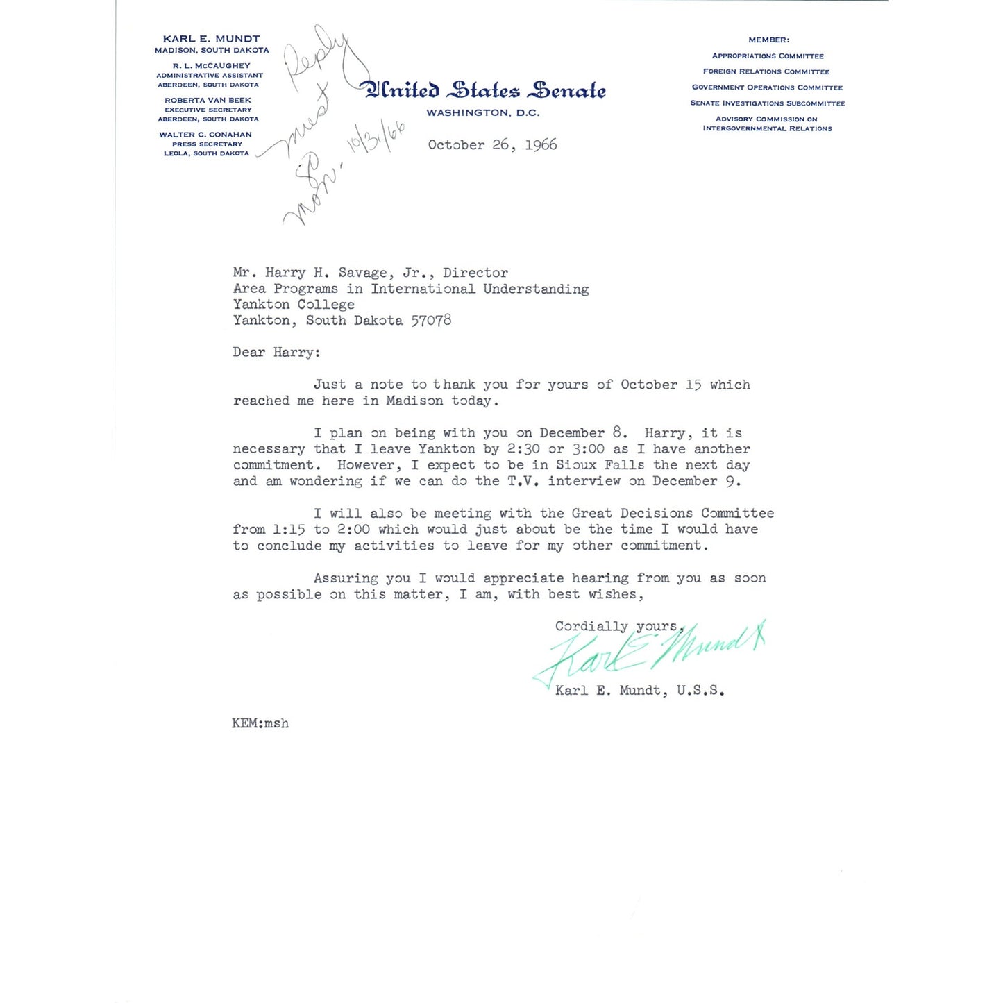 South Dakota Senator Karl Mundt Official Letterhead Signed Memo 1966 B11