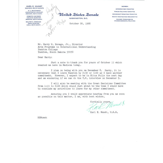 South Dakota Senator Karl Mundt Official Letterhead Signed Memo 1966 B11