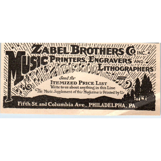 c1930 Print Ad Zabel Bros Music Printers, Engravers & Lithographers Philadelphia 2.5x4.5" AD4