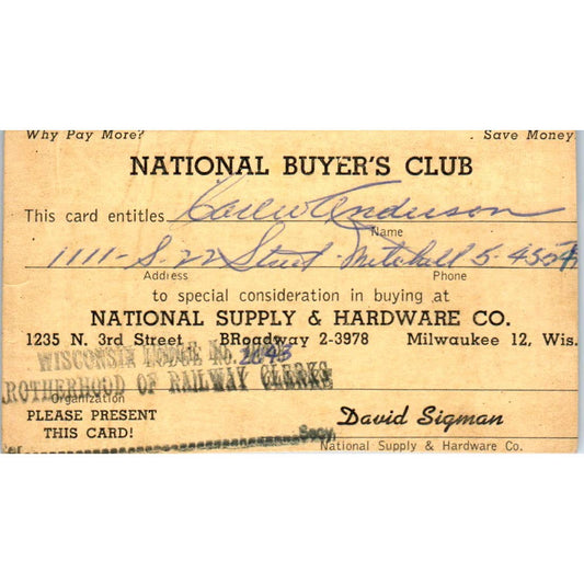 1940s National Buyer's Club National Hardware and Supply Co Milwaukee Card SE5