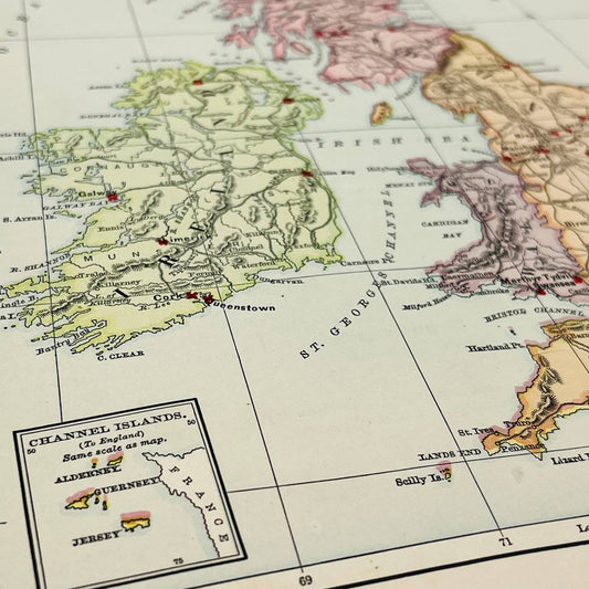 1896 Harper’s School Geography Map of BRITISH ISLES Color Engraved 9x12” FL1