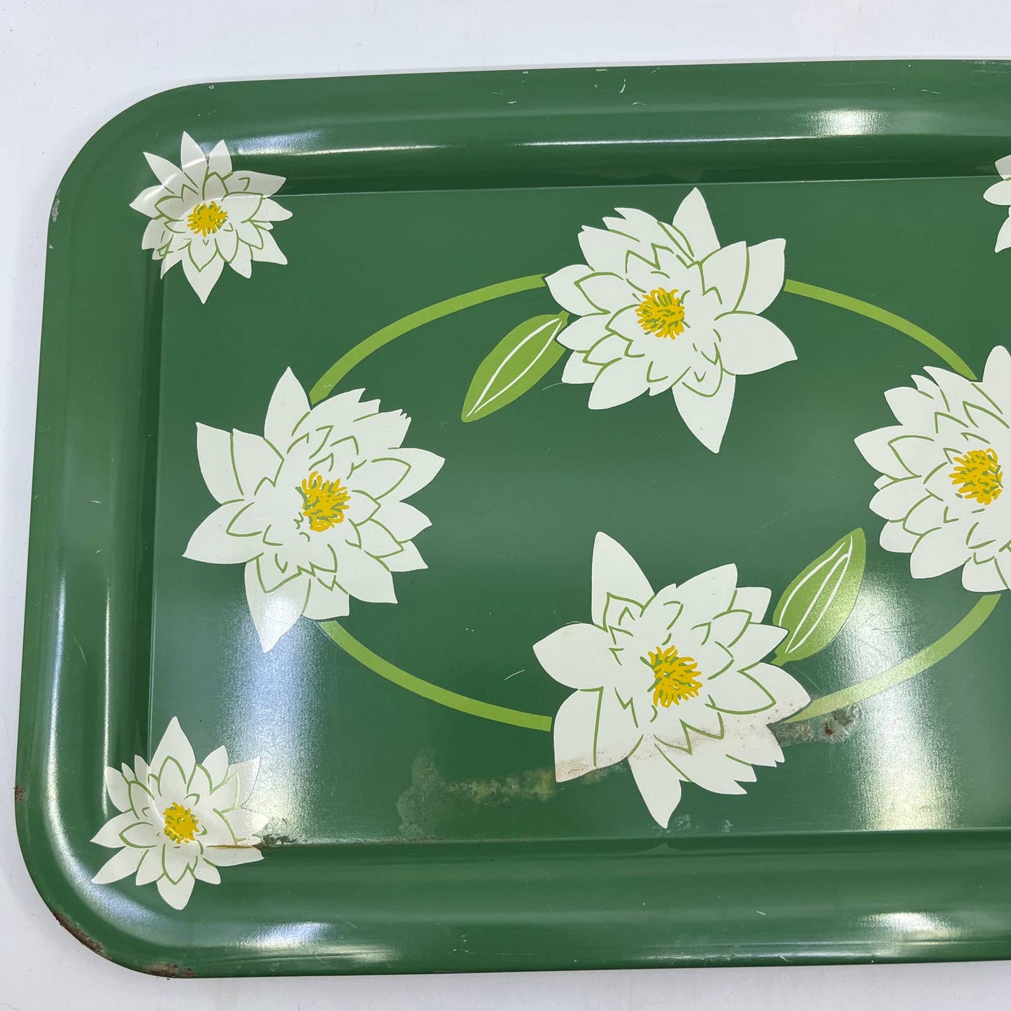 Vintage Toleware Metal Tray Water Lillies White Lotus Flowers 17.5x13" Set Of 2