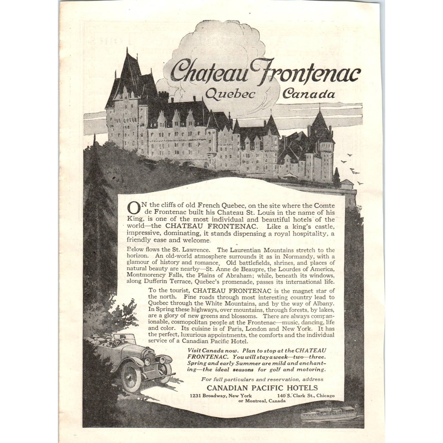 c1920 Harpers Magazine Ad Chateau Frontenac Quebec Canadian Pacific Hotels TF6-1