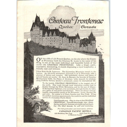 c1920 Harpers Magazine Ad Chateau Frontenac Quebec Canadian Pacific Hotels TF6-1