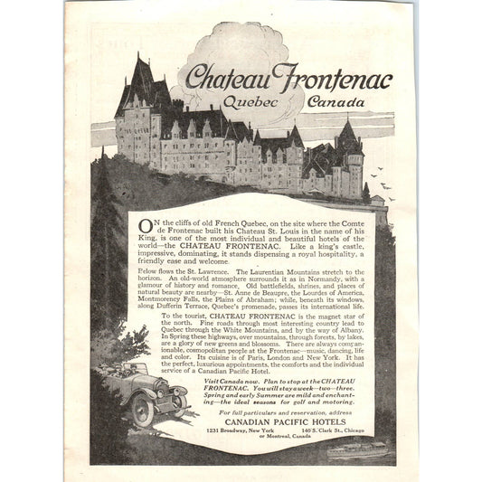c1920 Harpers Magazine Ad Chateau Frontenac Quebec Canadian Pacific Hotels TF6-1
