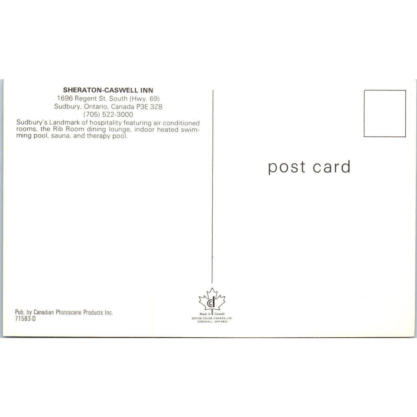 Sheraton-Caswell Inn Sudbury Ontario Canada Original Postcard TK1-P20