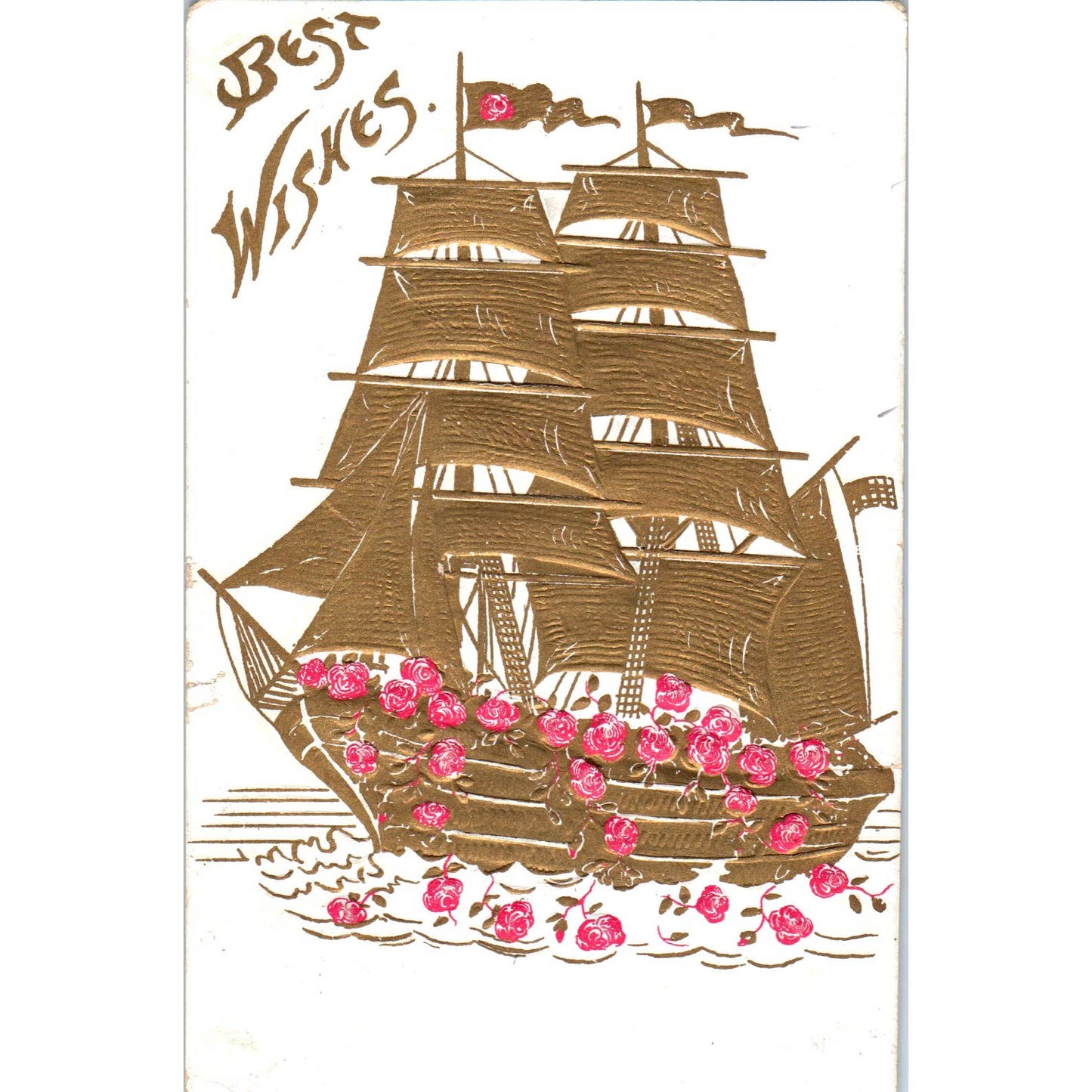 1909 Postcard Embossed Gold Clipper Ship & Roses EA3