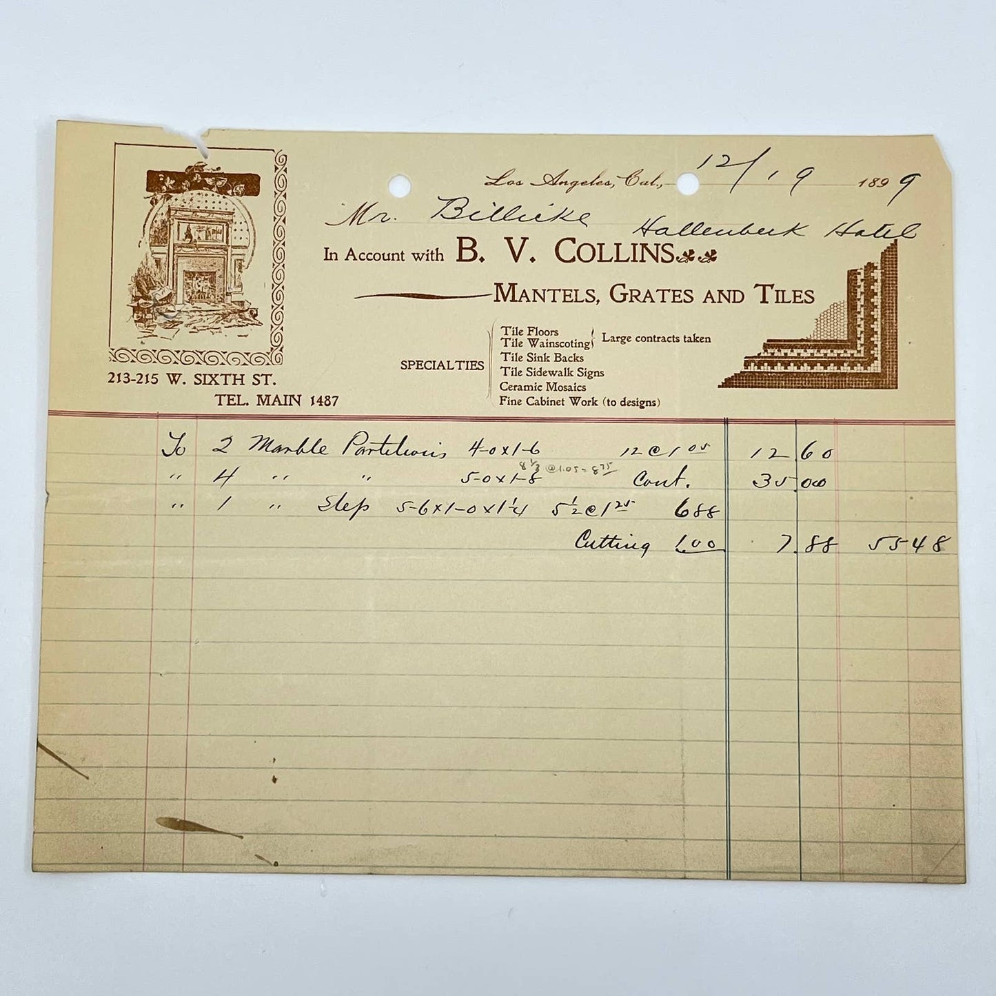 1899 B.V. Collins Mantels, Grates & Tiles Letterhead Los Angeles CA AB5