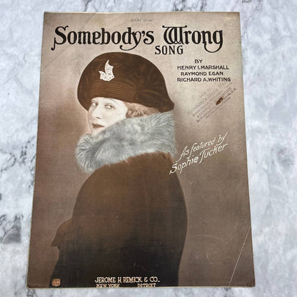 Somebody's Wrong Song Sheet Music Piano Sophie Tucker 1923 Vintage TI1