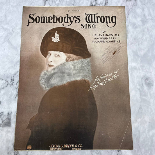 Somebody's Wrong Song Sheet Music Piano Sophie Tucker 1923 Vintage TI1