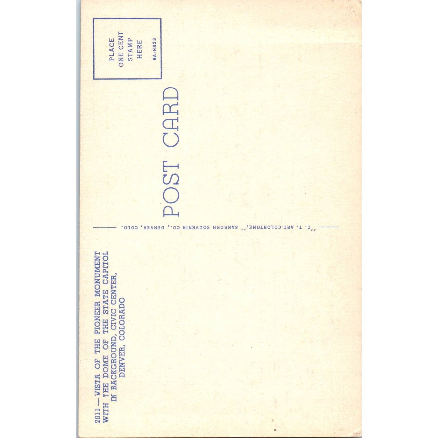 Vista of the Pioneer Monument & Capitol Denver Colorado Original Postcard TK1-28